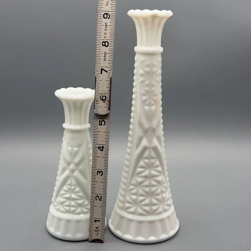 Vintage Milk Glass Bud Vases Set Of 2 Diamond Pattern Scalloped Rim